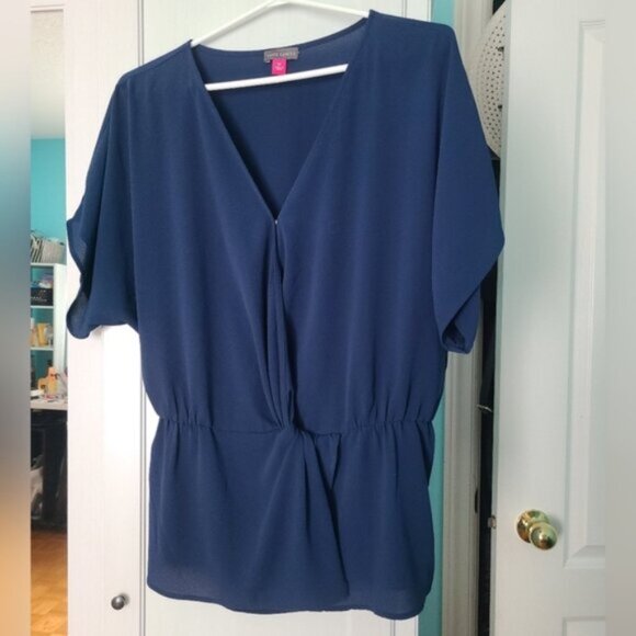 Vince Camuto Navy Royal Dark Blue Flutter Short Sleeve Waist V-Neck Top Blouse - Picture 1 of 7